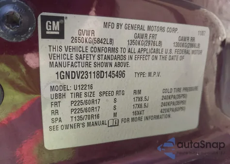 2008 Chevrolet Uplander Ls z USA, uszkodzony, nr VIN 1GNDV23118D145496